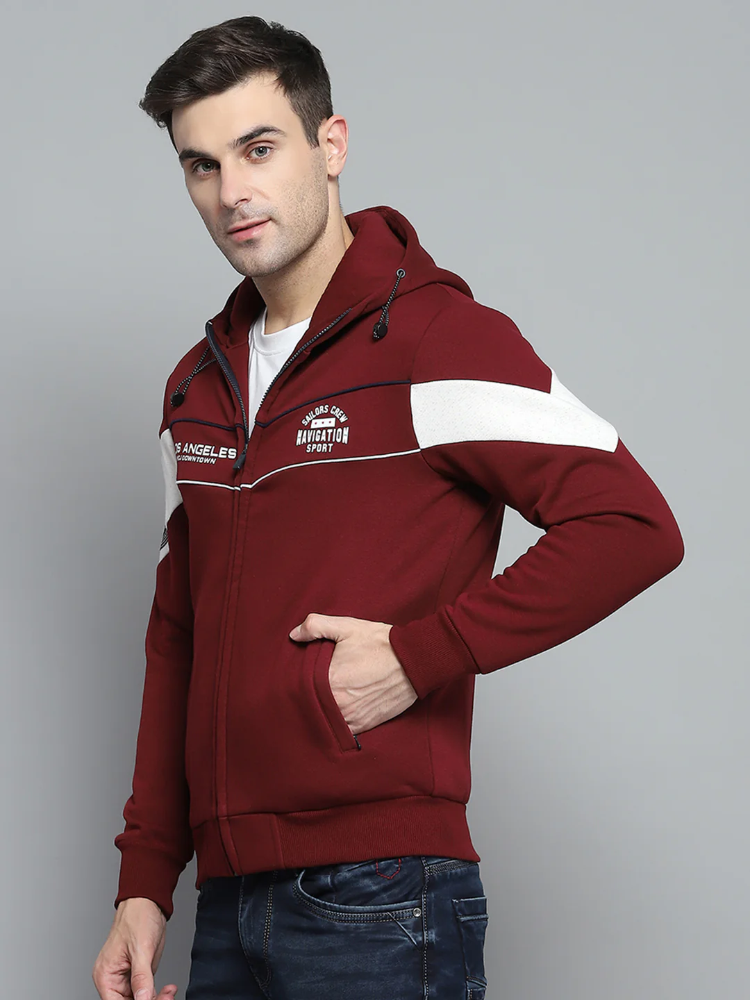 Men Maroon Printed Hooded Full Sleeve Sweatshirt - Image 3