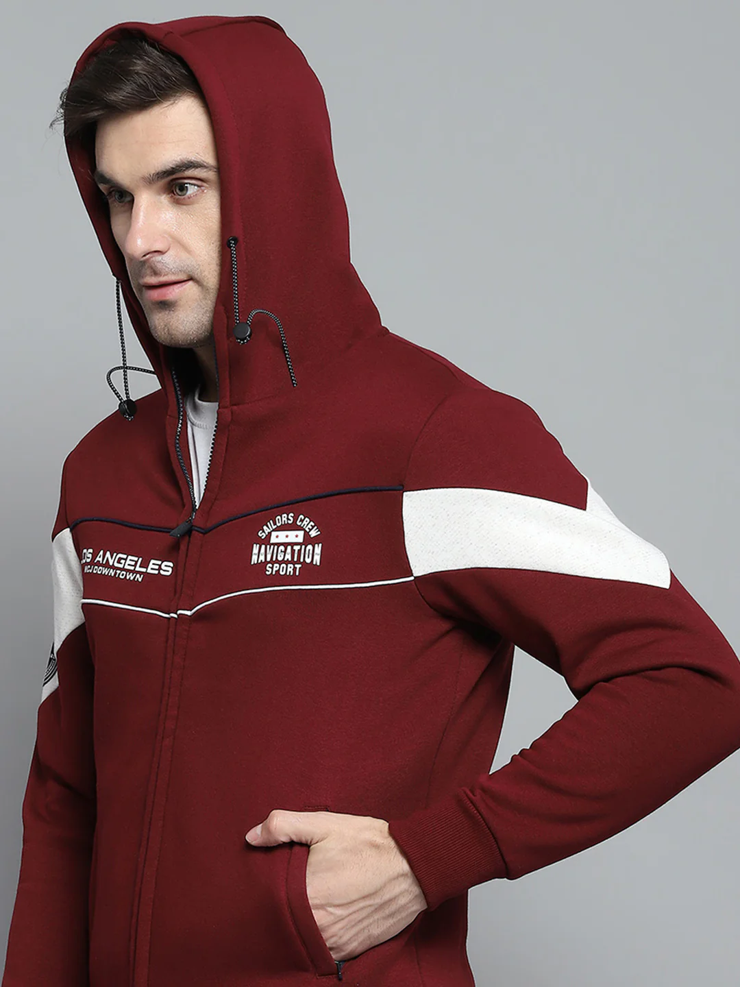 Men Maroon Printed Hooded Full Sleeve Sweatshirt - Image 6