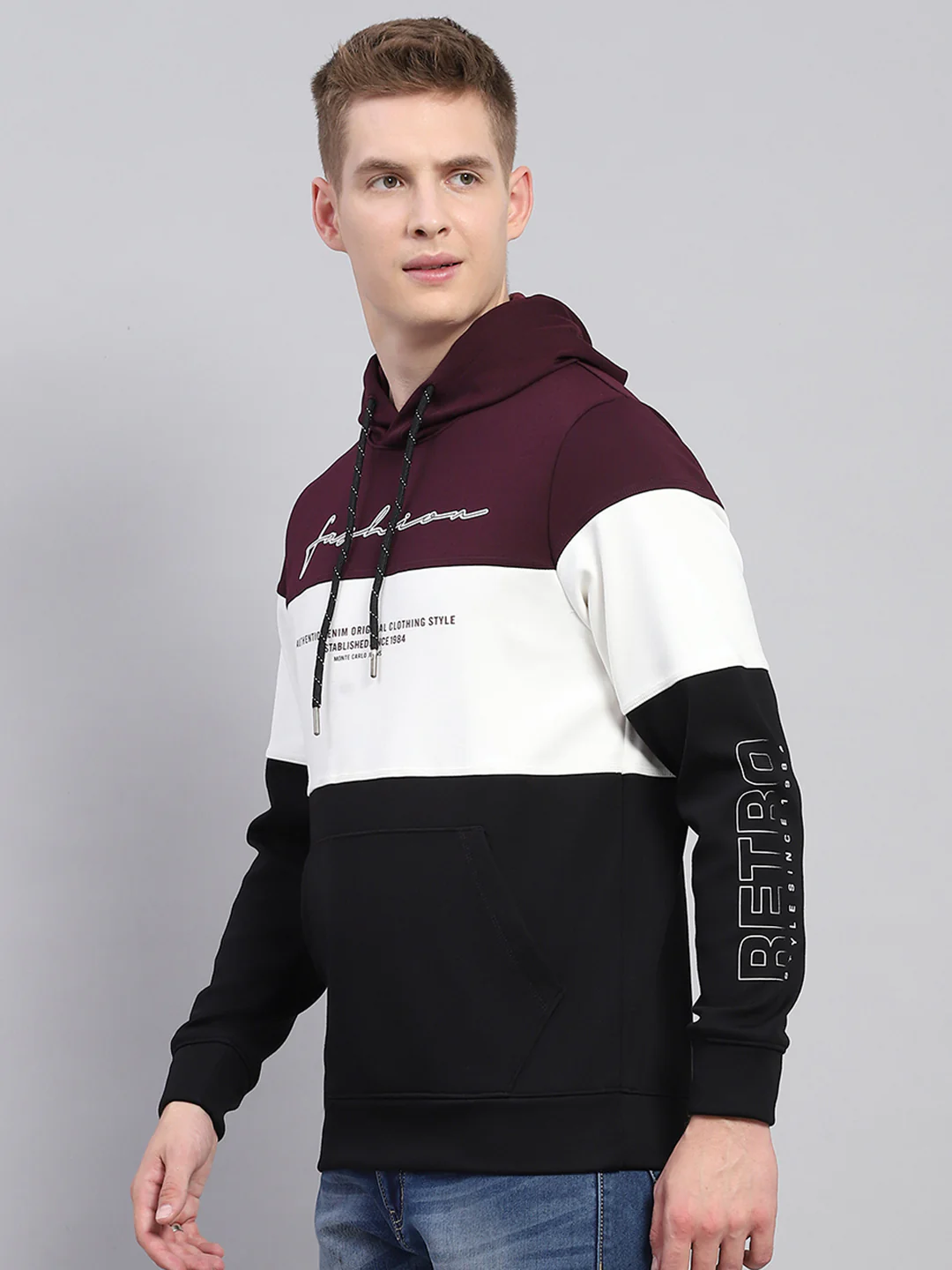 Men Maroon Printed Hooded Full Sleeve Sweatshirt - Image 3