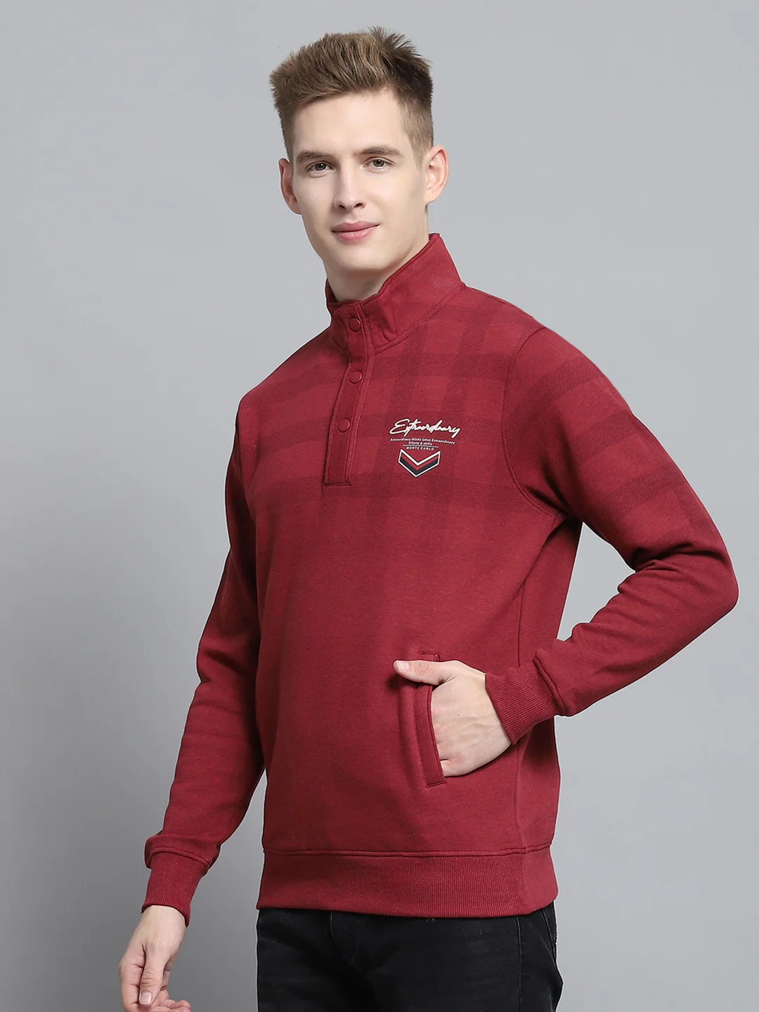 Men Maroon Printed Mock Neck Full Sleeve Sweatshirt - Image 3