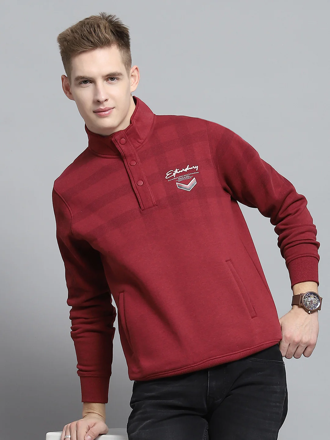 Men Maroon Printed Mock Neck Full Sleeve Sweatshirt - Image 6
