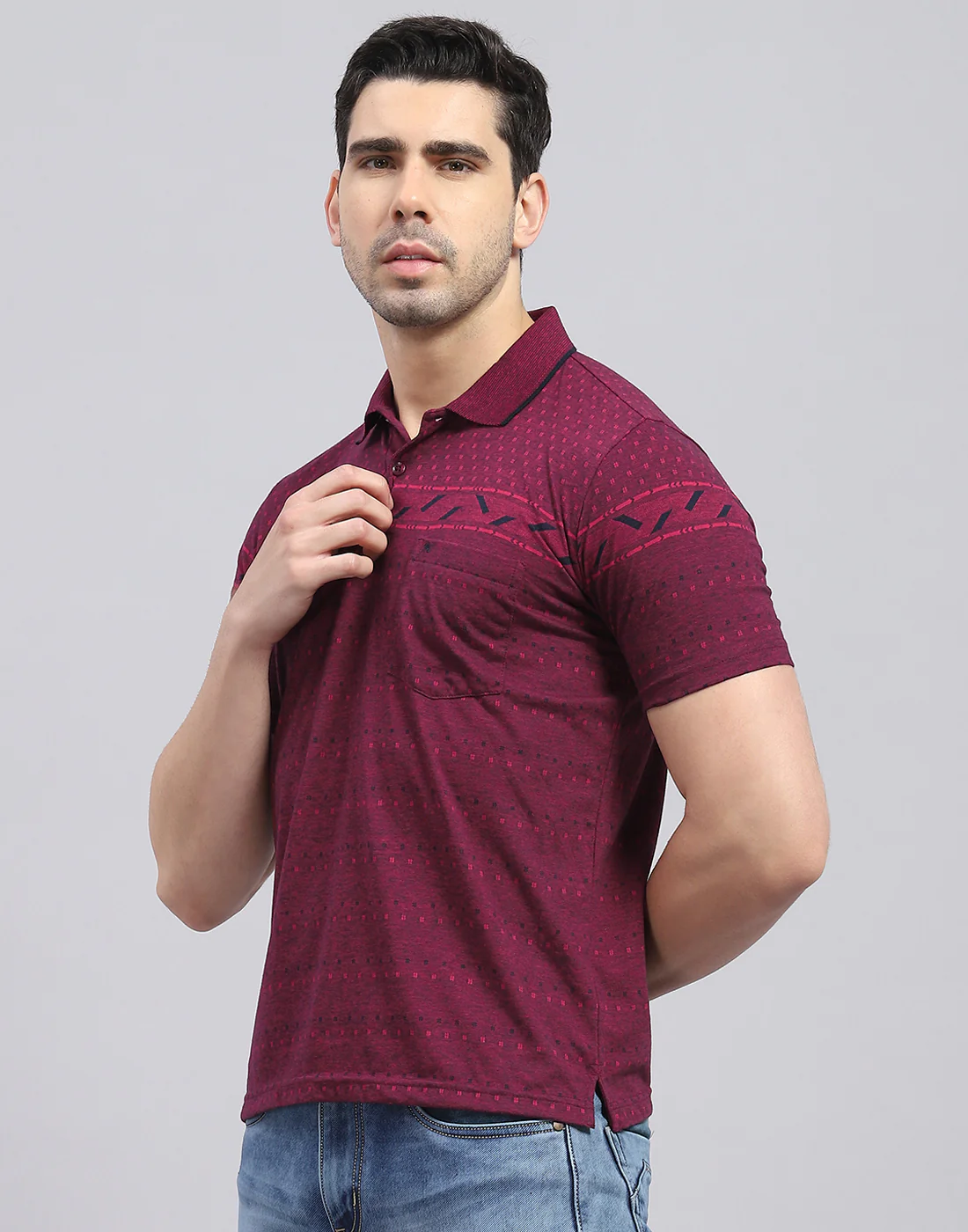 Men Maroon Printed Polo Collar Half Sleeve T-Shirt - Image 3