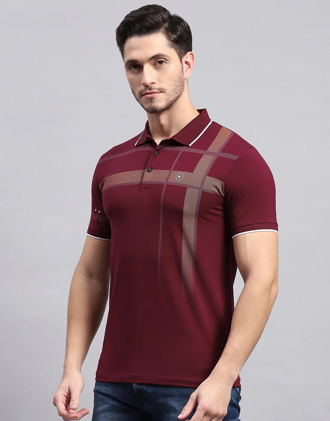 Men Maroon Printed Polo Collar Half Sleeve T-Shirt - Image 3