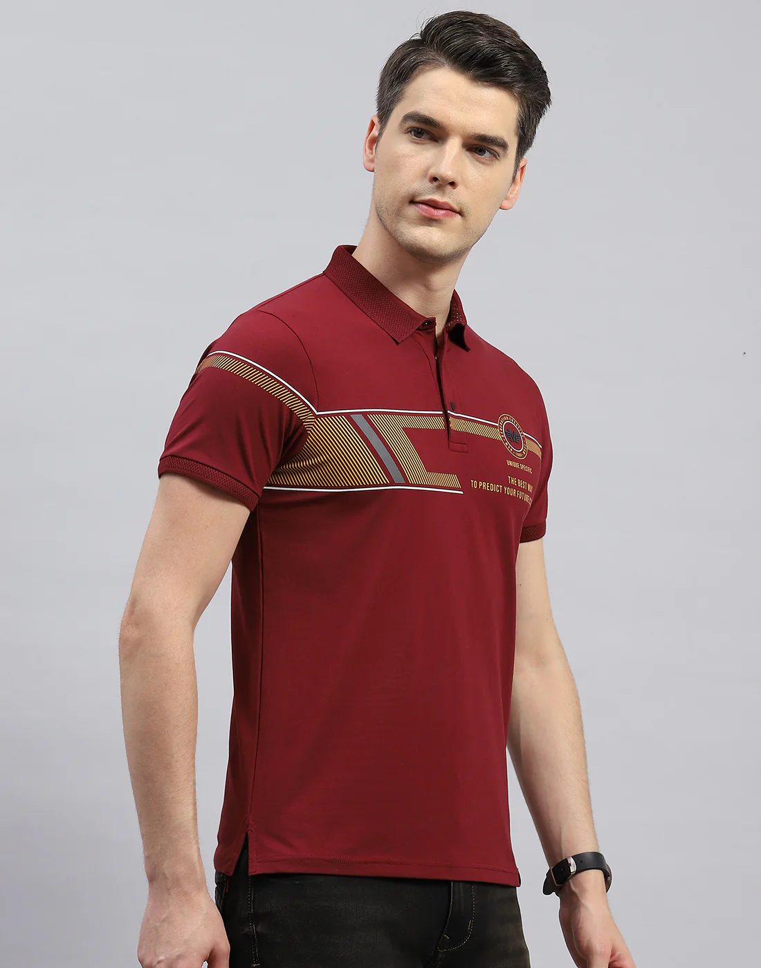 Men Maroon Printed Polo Collar Half Sleeve T-Shirt - Image 4