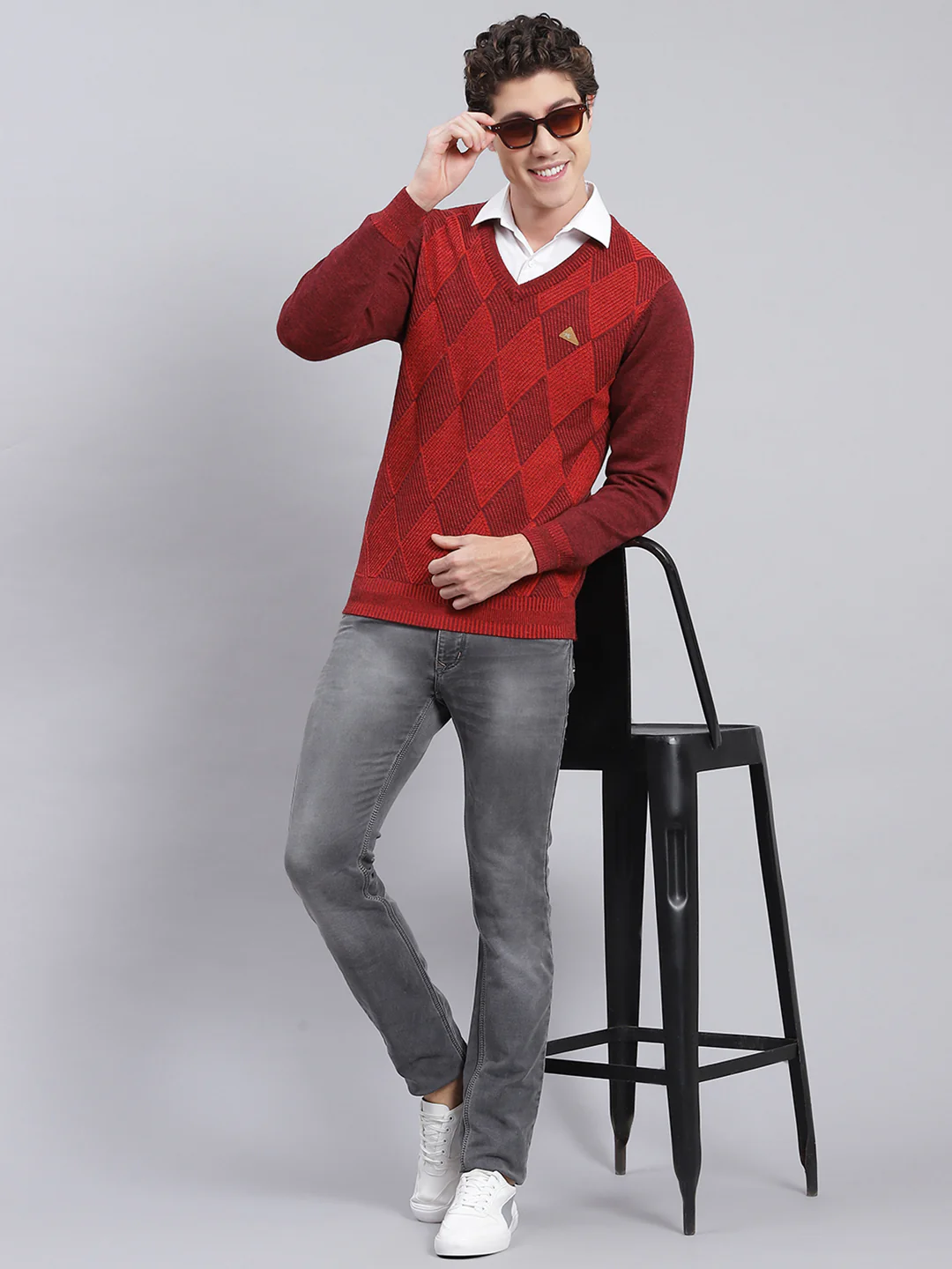 Men Maroon Printed Pure wool Pullover - Image 5