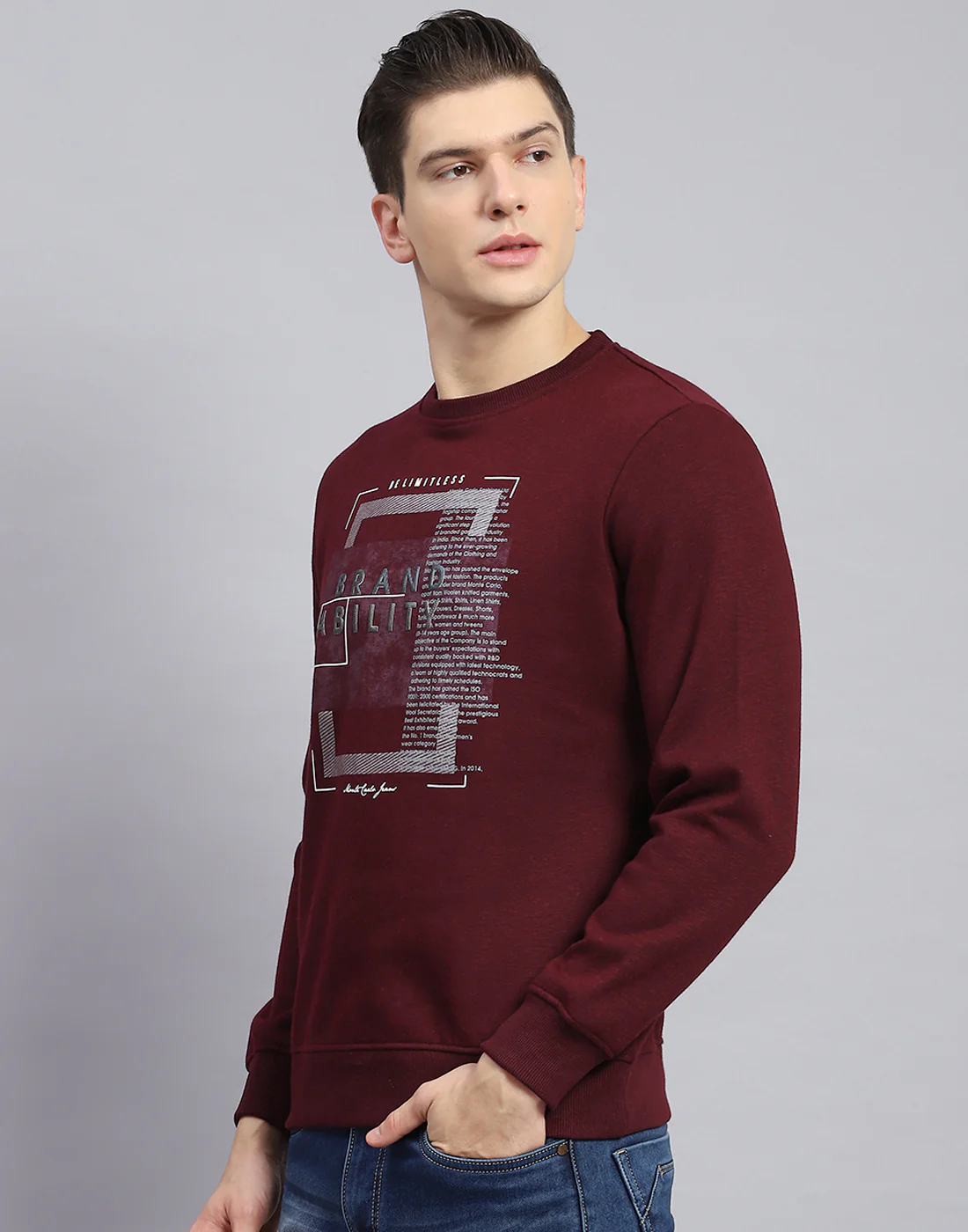 Men Maroon Printed Round Neck Full Sleeve Sweatshirt - Image 4