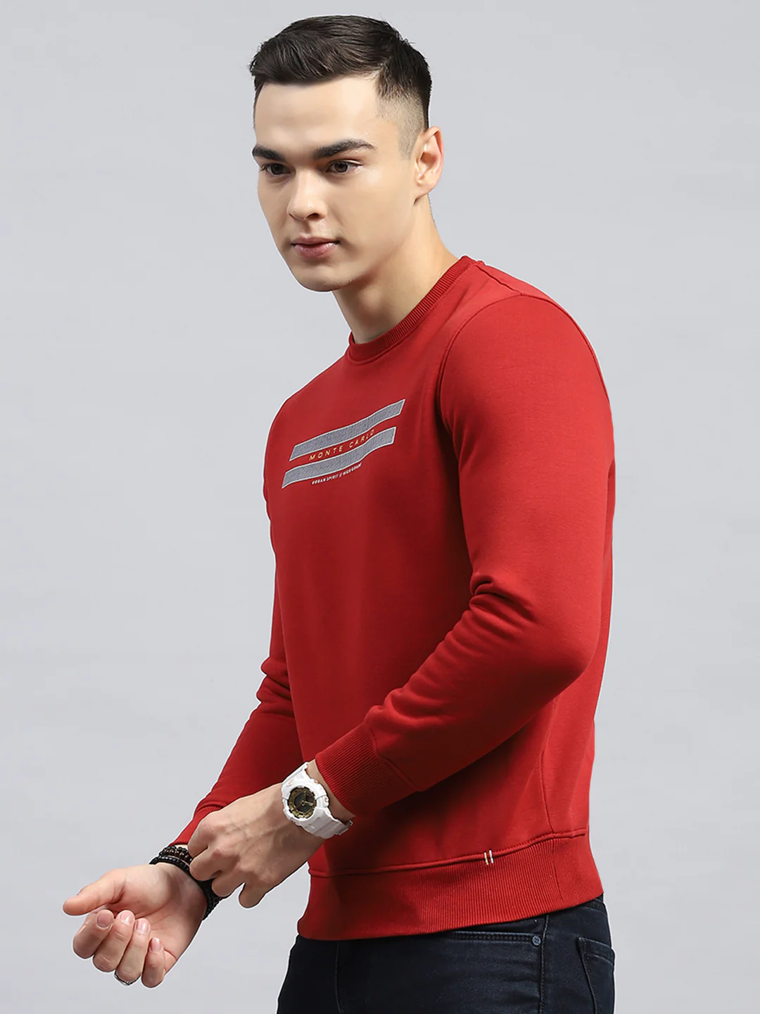 Men Maroon Printed Round Neck Full Sleeve Sweatshirt - Image 3