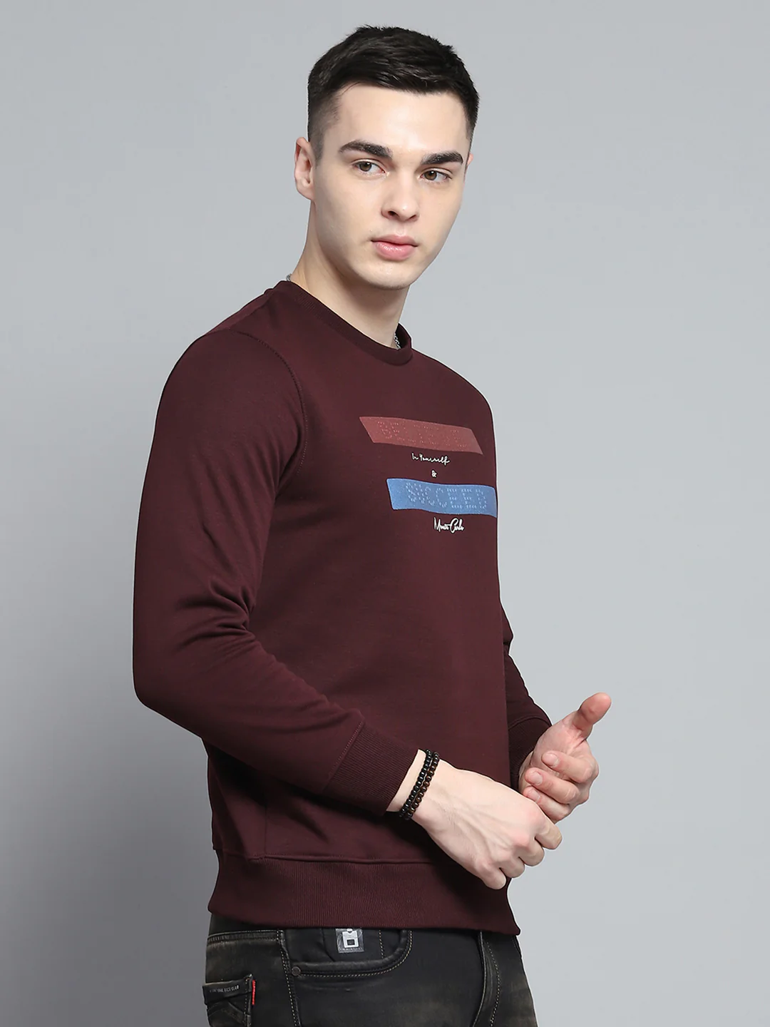 Men Maroon Printed Round Neck Full Sleeve Sweatshirt - Image 4