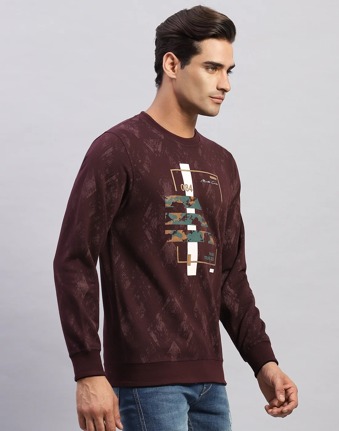 Men Maroon Printed Round Neck Full Sleeve Winter T-Shirt - Image 4