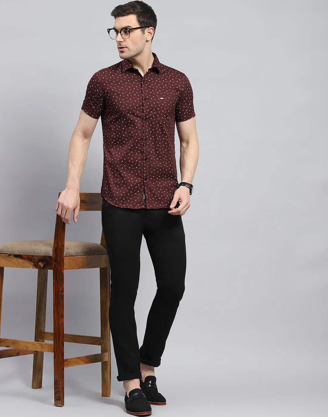 Men Maroon Printed Spread Collar Half Sleeve Shirt - Image 3