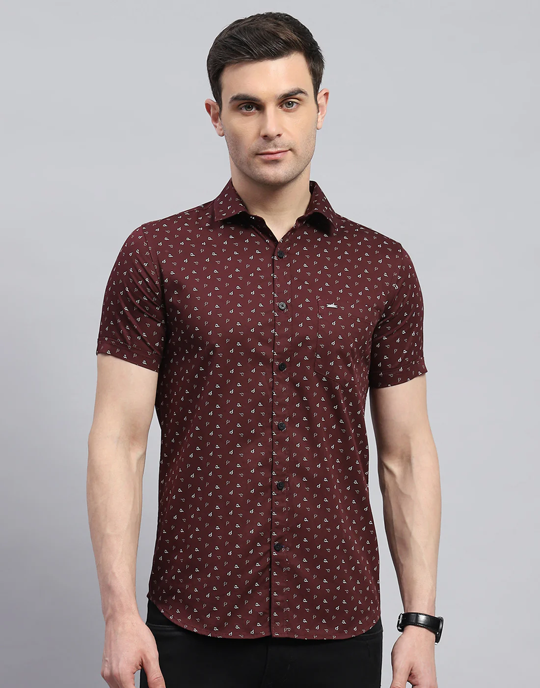 Men Maroon Printed Spread Collar Half Sleeve Shirt - Image 4