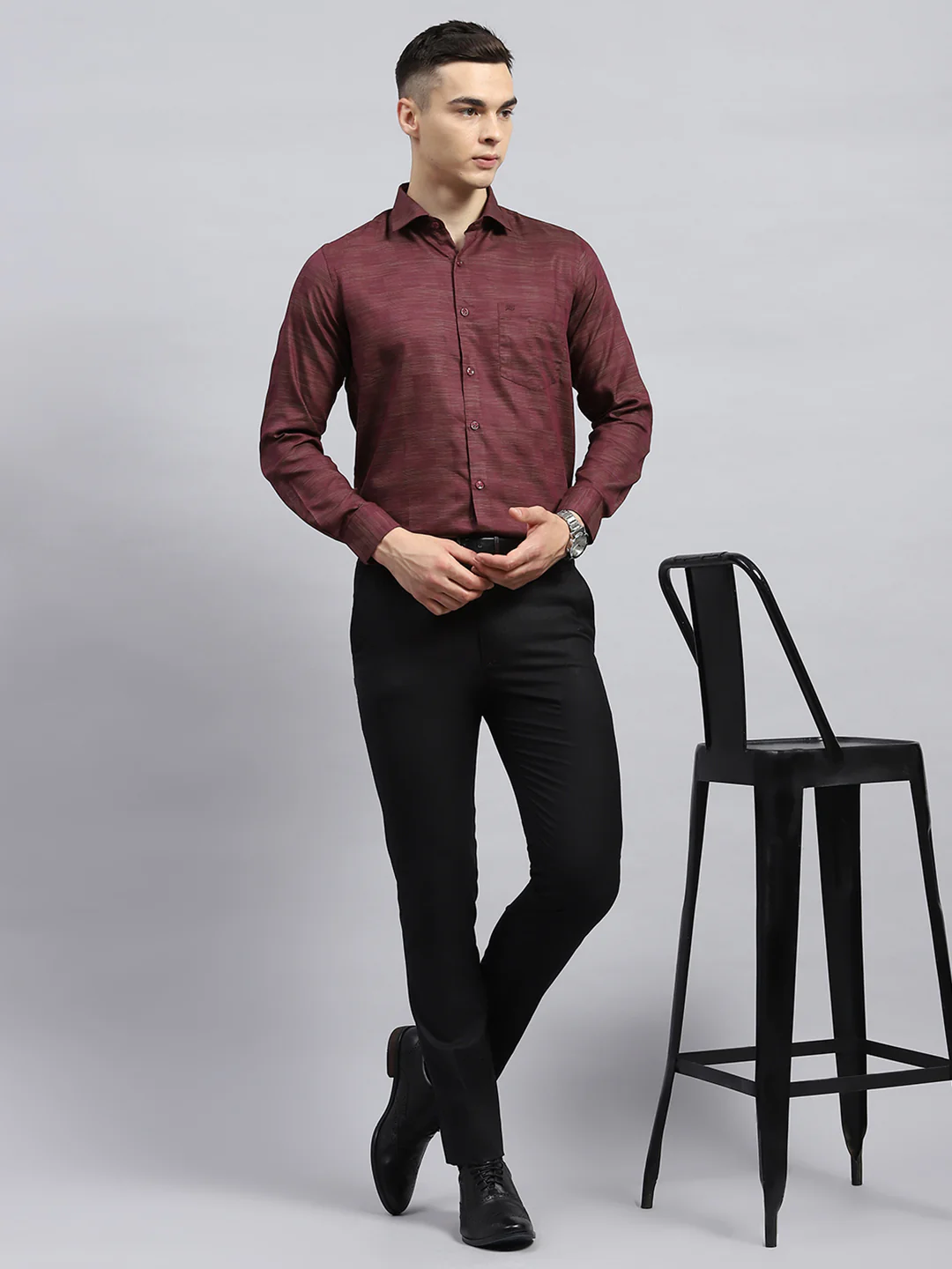 Men Maroon Self Design Collar Full Sleeve Shirt - Image 2