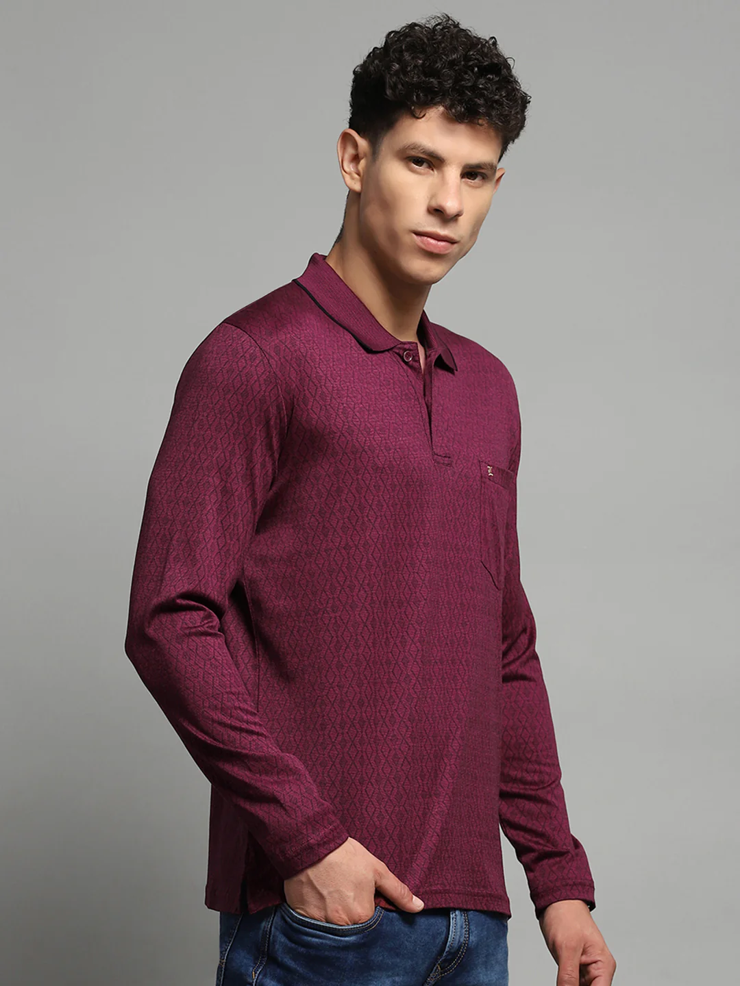 Luxuria Men Maroon Self Design Collar Full Sleeve Winter T-Shirt - Image 4