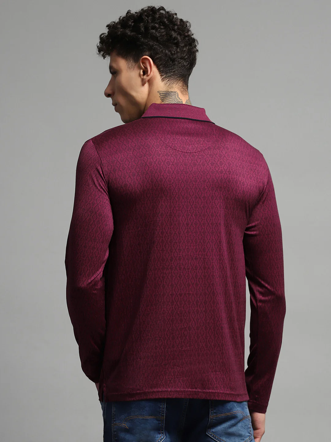 Luxuria Men Maroon Self Design Collar Full Sleeve Winter T-Shirt - Image 5