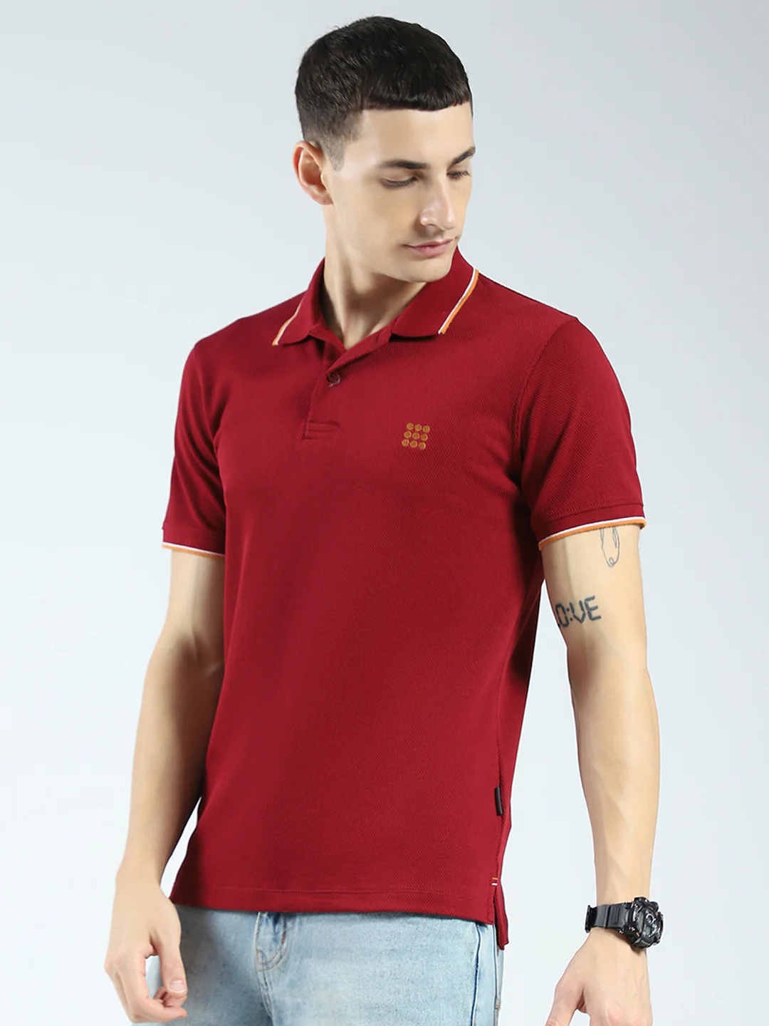 Rock.it Men Maroon Self Design Collar Half Sleeve T-Shirt - Image 3