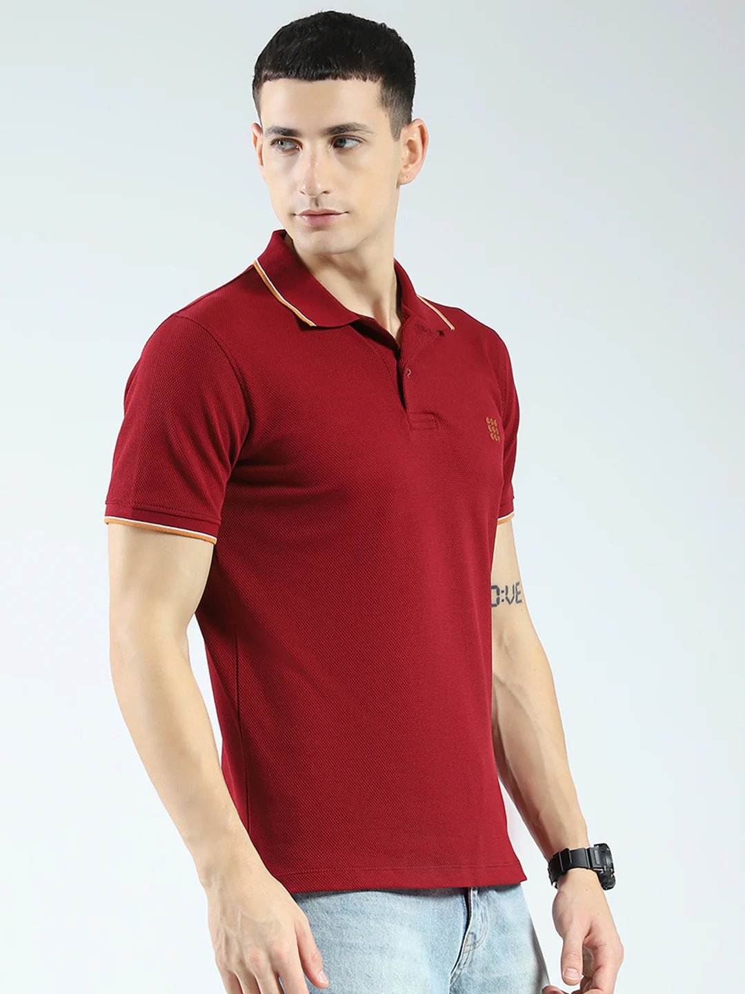 Rock.it Men Maroon Self Design Collar Half Sleeve T-Shirt - Image 4