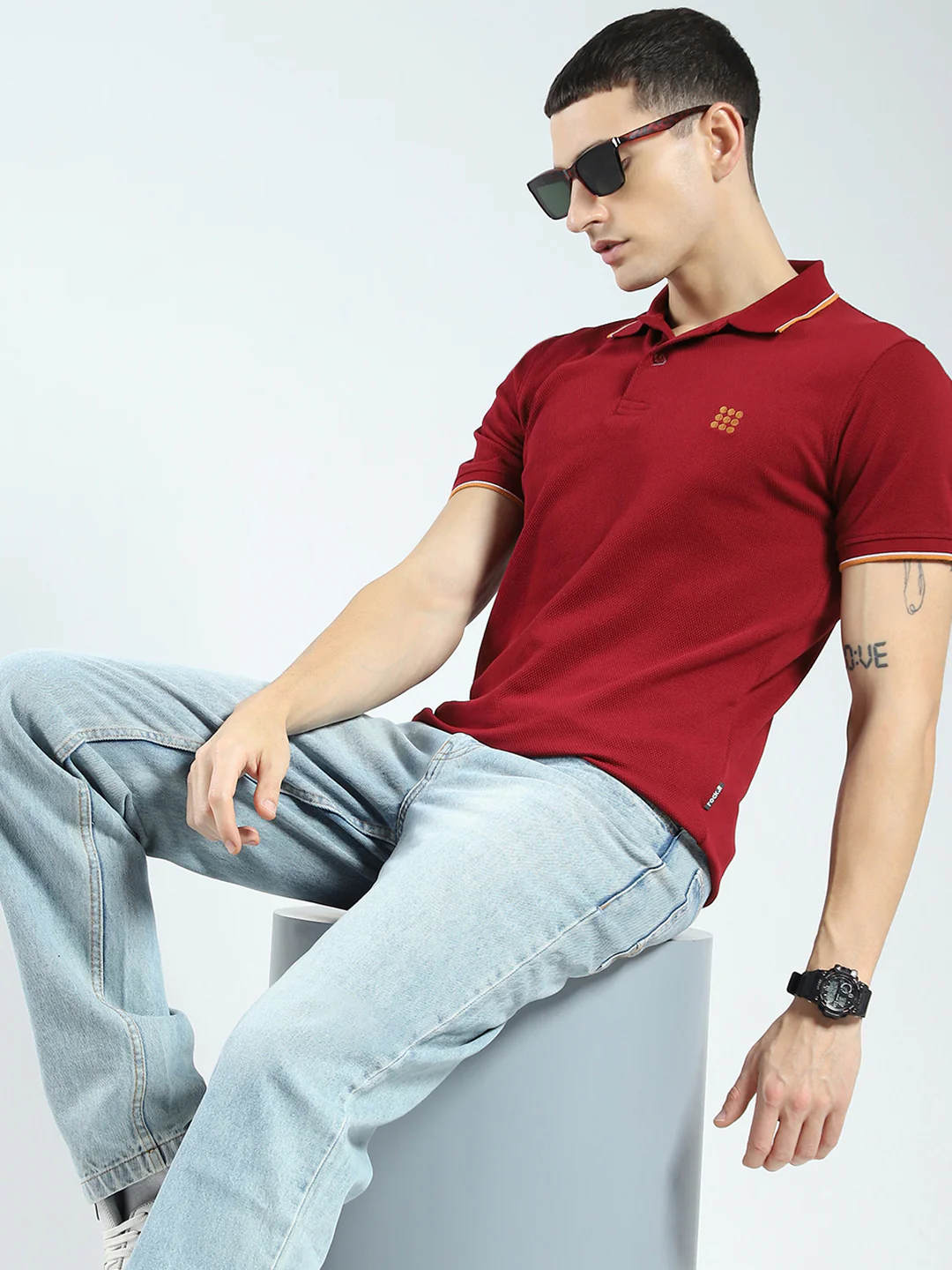 Rock.it Men Maroon Self Design Collar Half Sleeve T-Shirt - Image 6