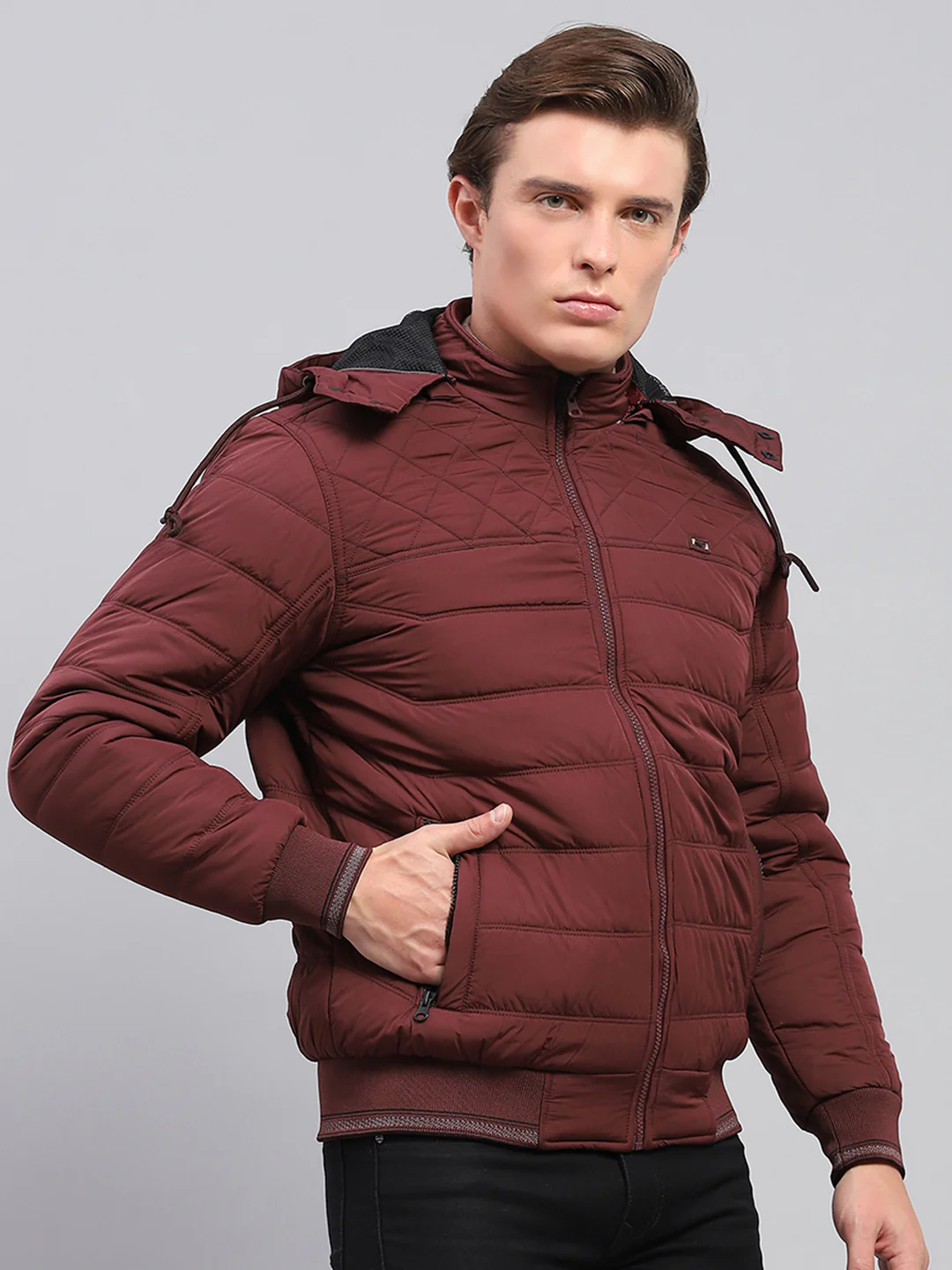 Men Maroon Self Design Detachable Hood Full Sleeve Jacket - Image 4