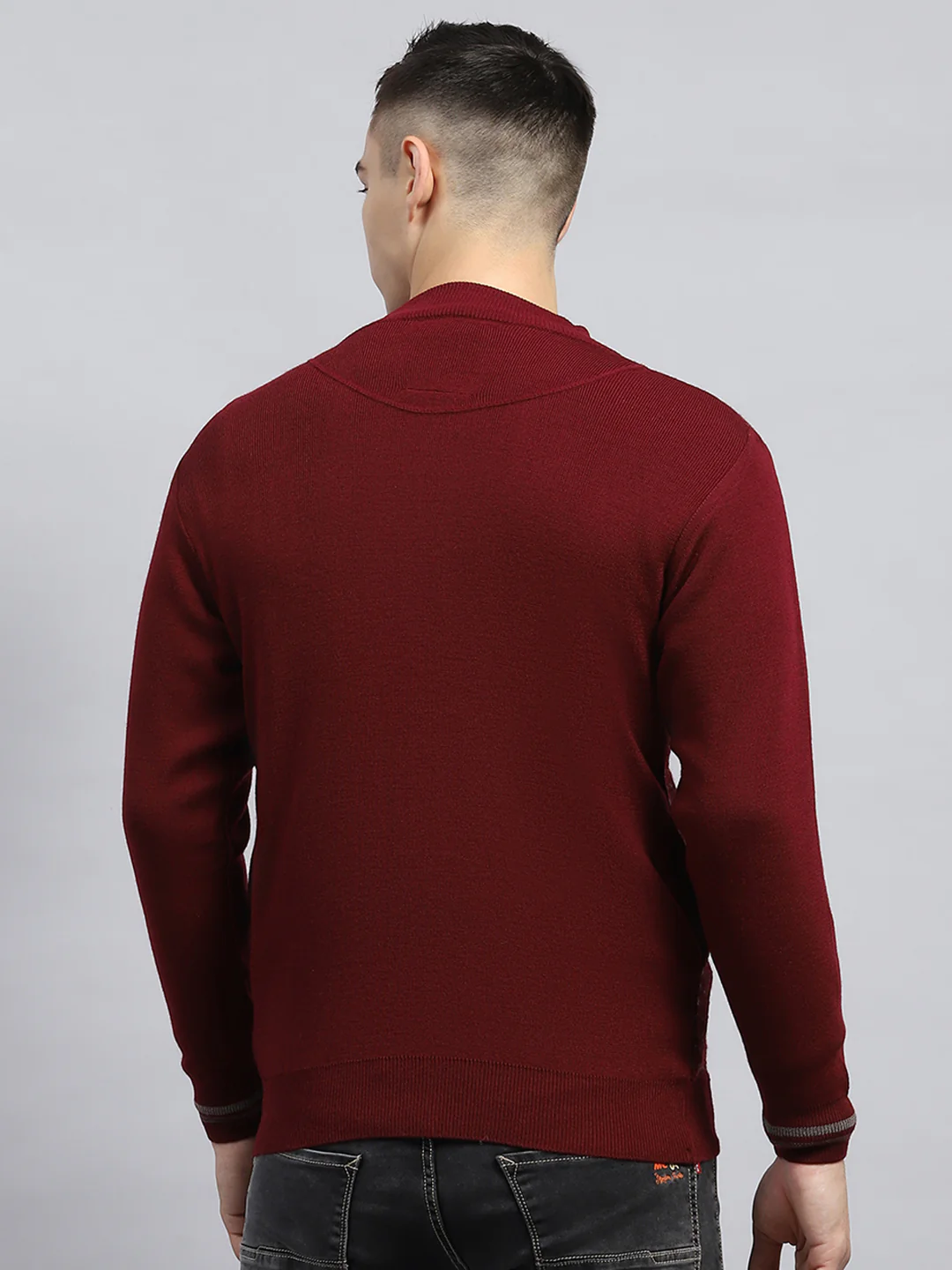 Men Maroon Self Design High Neck Full Sleeve Pullover - Image 5