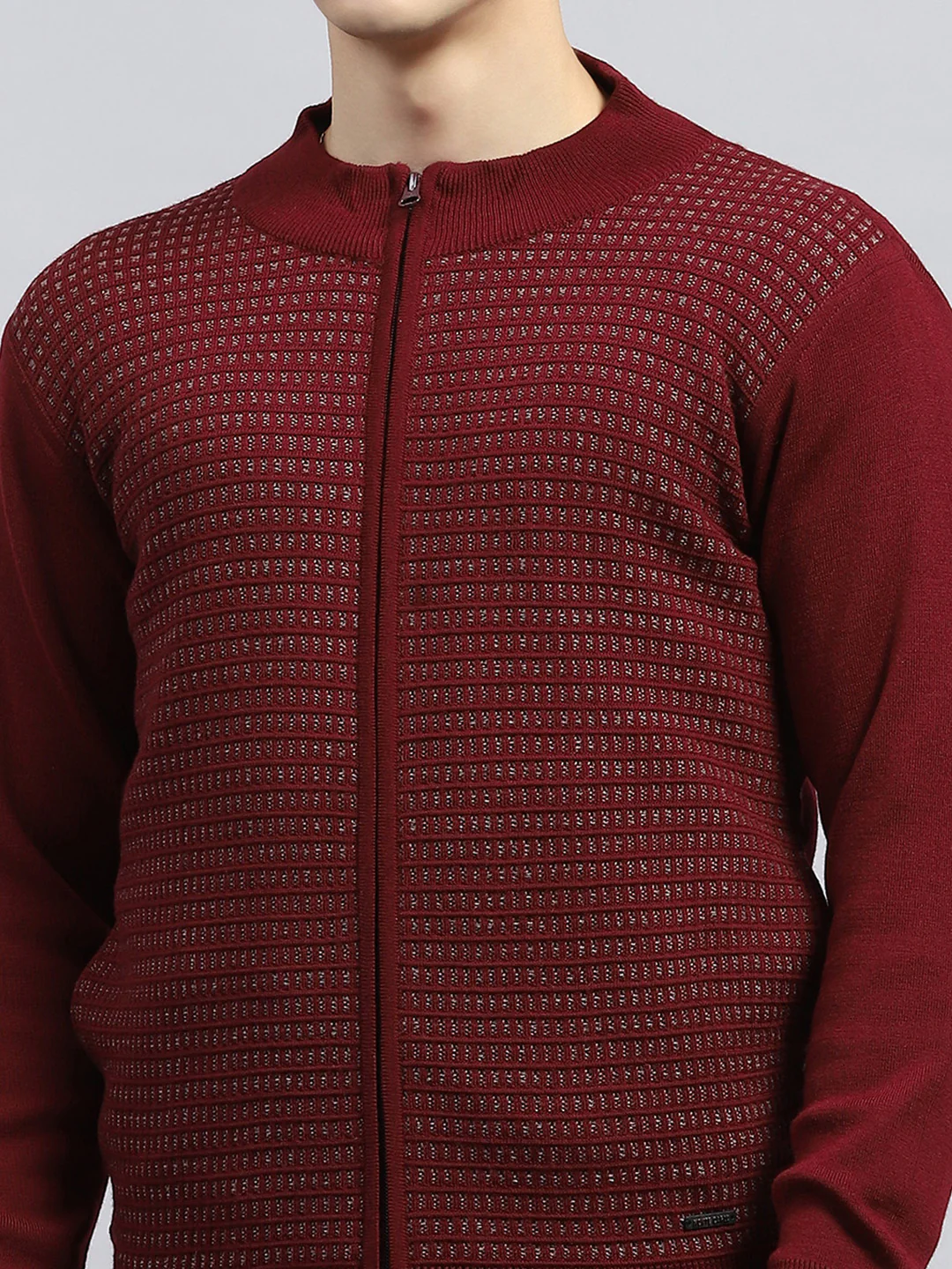 Men Maroon Self Design High Neck Full Sleeve Pullover - Image 6