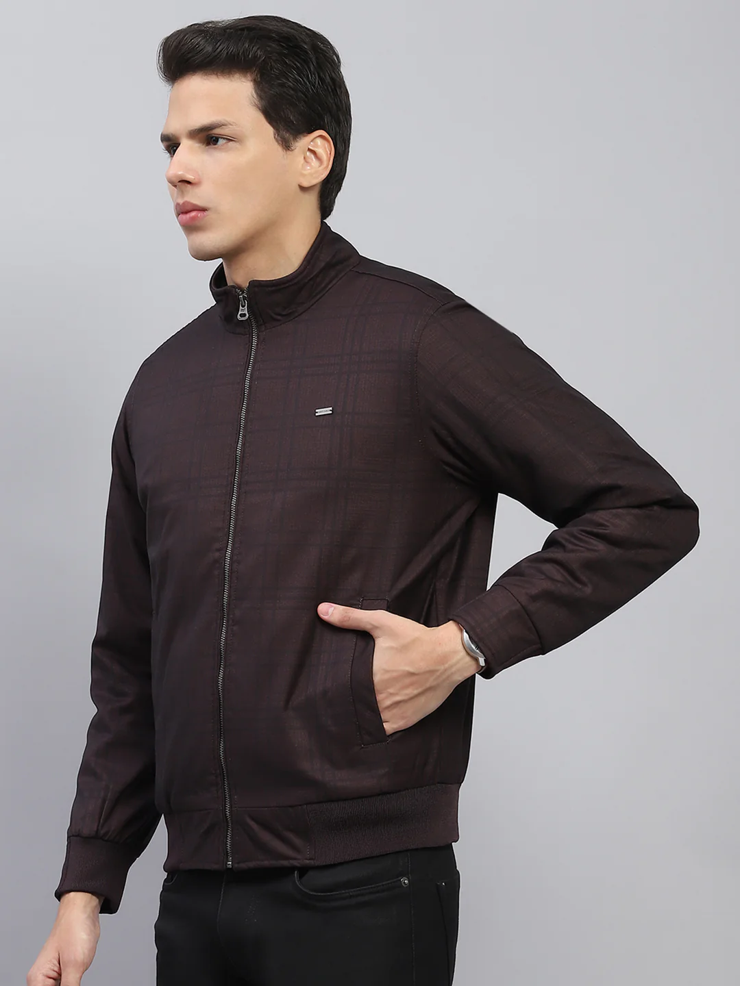 Men Maroon Self Design Mock Neck Full Sleeve Jacket - Image 3