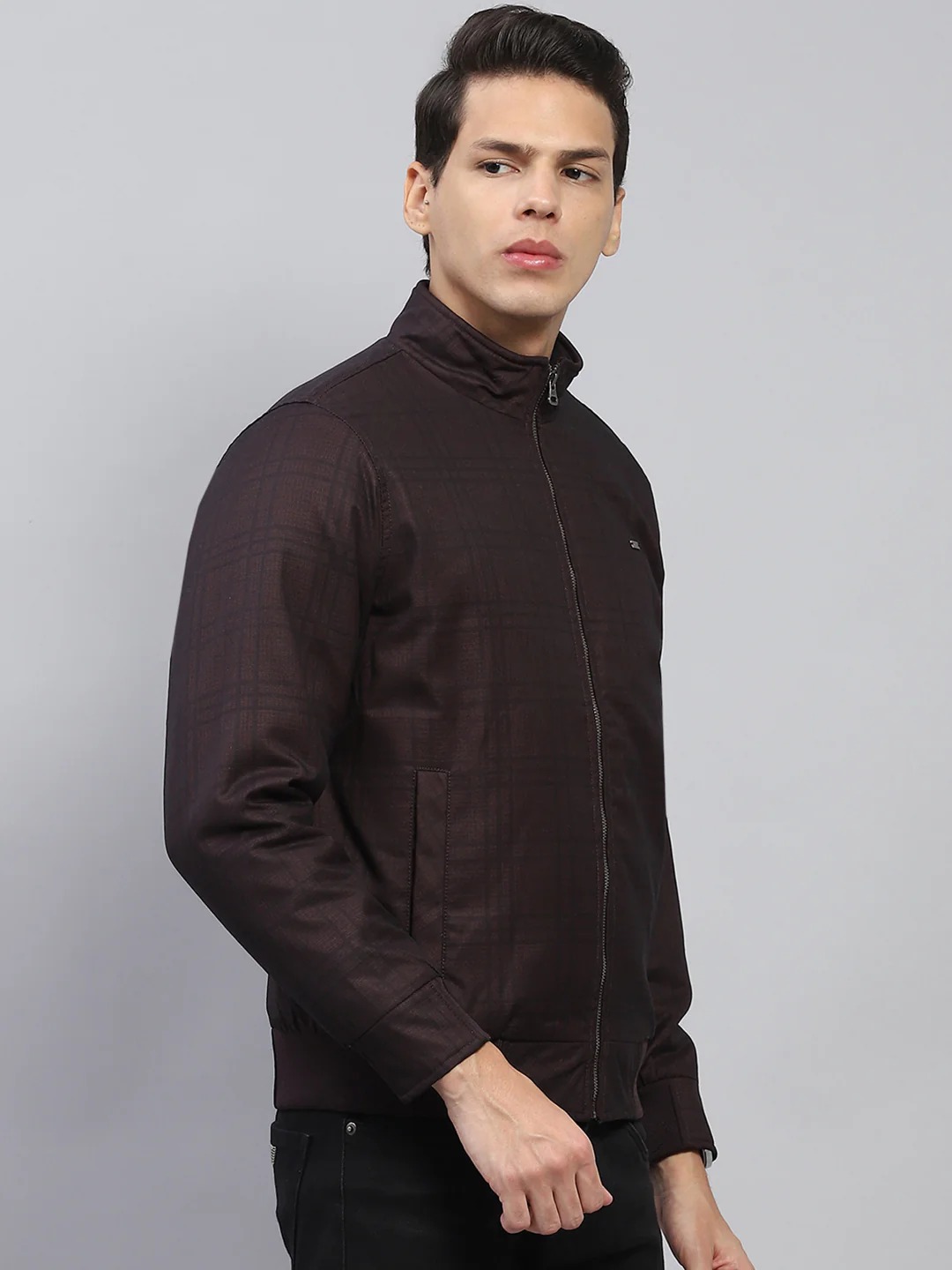 Men Maroon Self Design Mock Neck Full Sleeve Jacket - Image 4