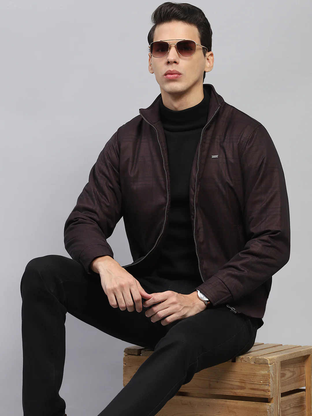 Men Maroon Self Design Mock Neck Full Sleeve Jacket - Image 6
