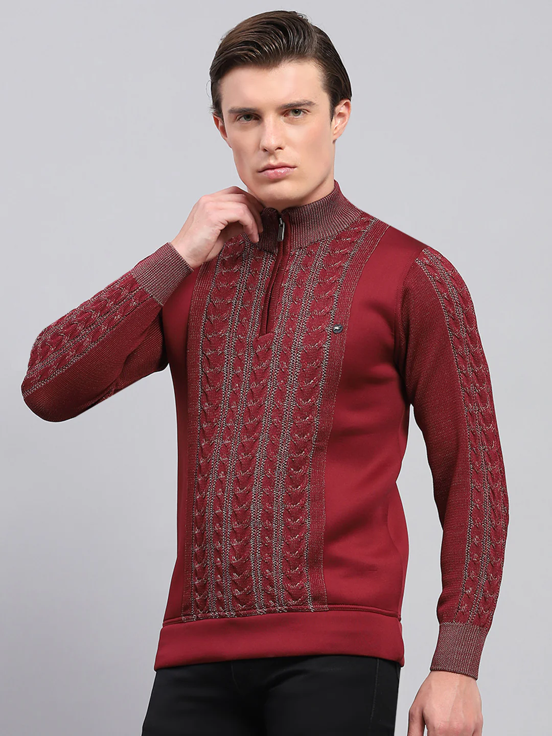 Men Maroon Self Design Mock Neck Full Sleeve Pullover - Image 3