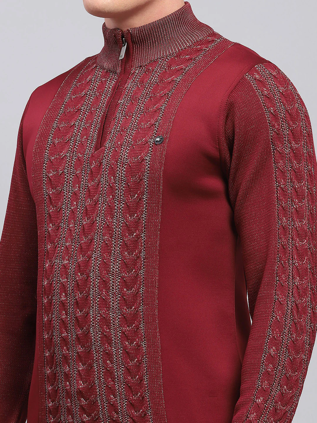 Men Maroon Self Design Mock Neck Full Sleeve Pullover - Image 6
