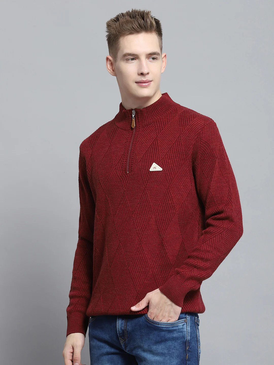 Men Maroon Self Design Mock Neck Full Sleeve Pullover - Image 3