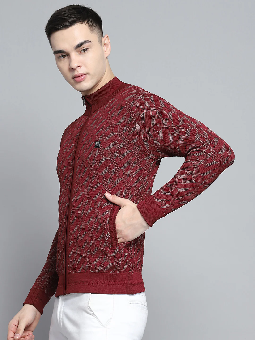 Men Maroon Self Design Mock Neck Full Sleeve Pullover - Image 3