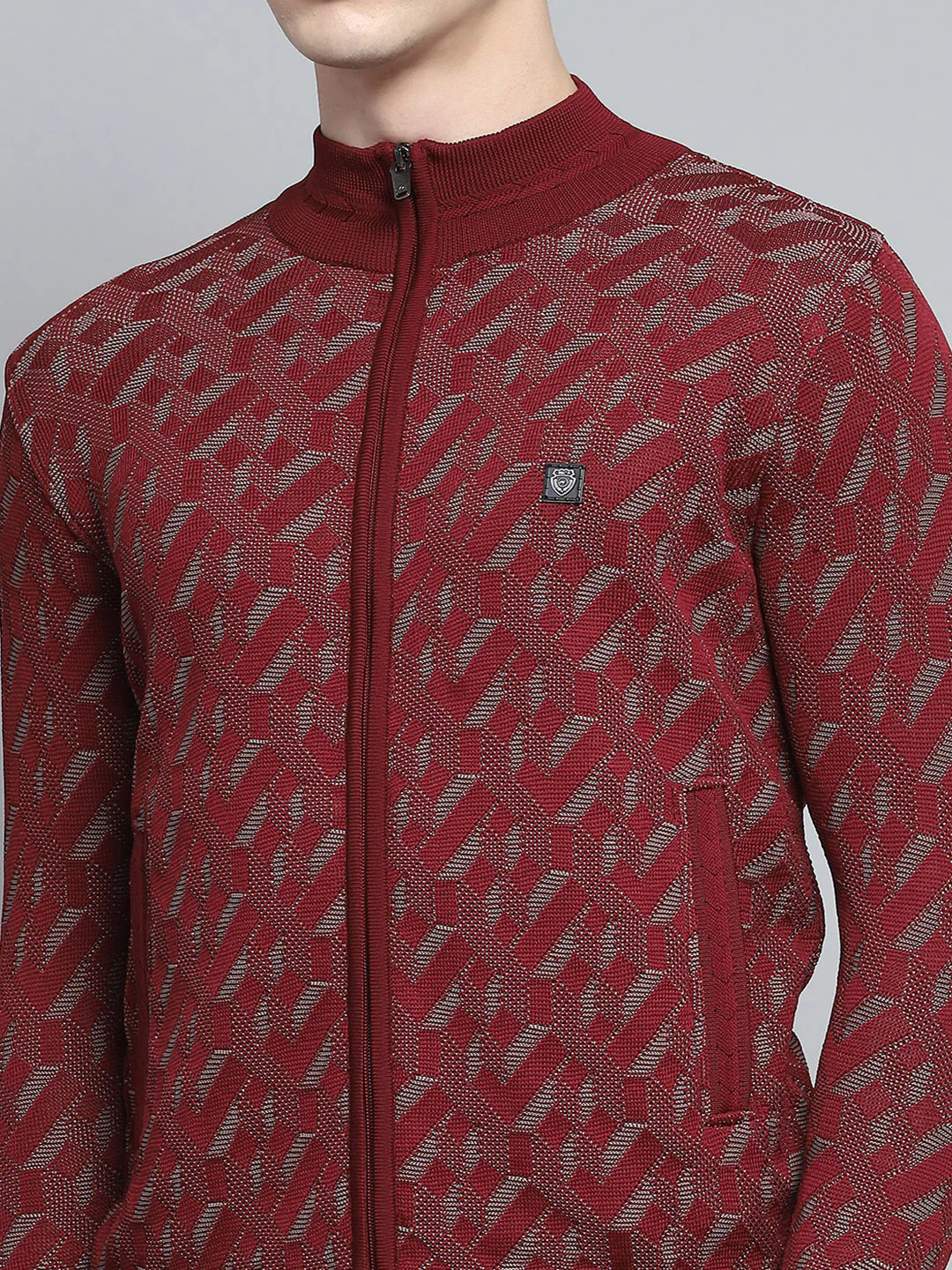 Men Maroon Self Design Mock Neck Full Sleeve Pullover - Image 6