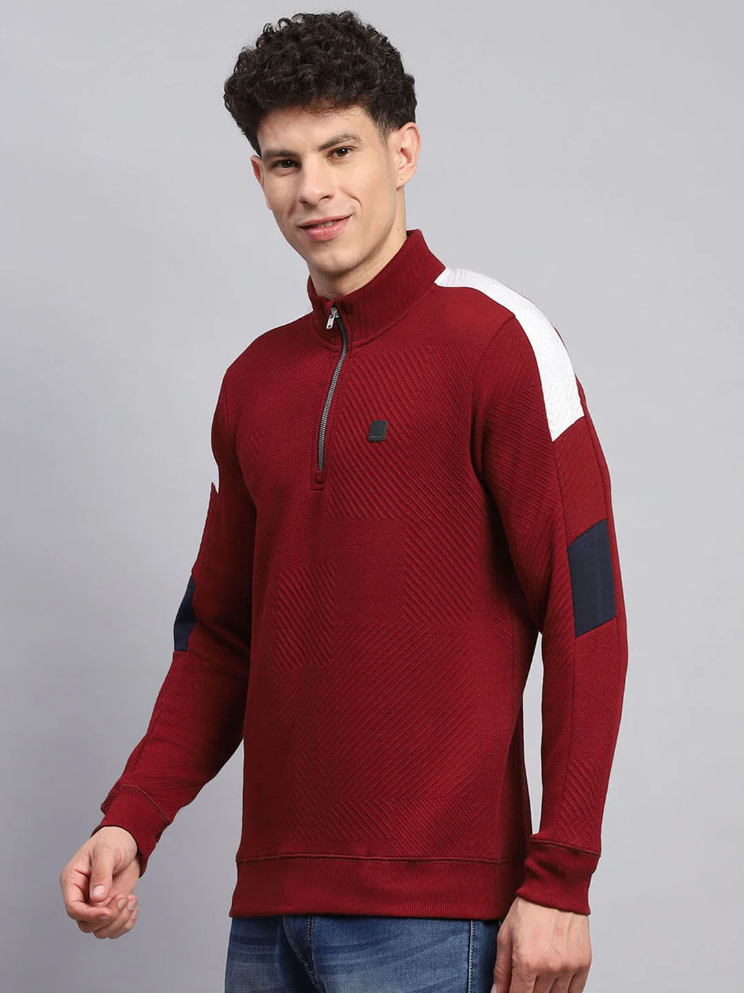 Men Maroon Self Design Mock Neck Full Sleeve Winter T-Shirt - Image 3