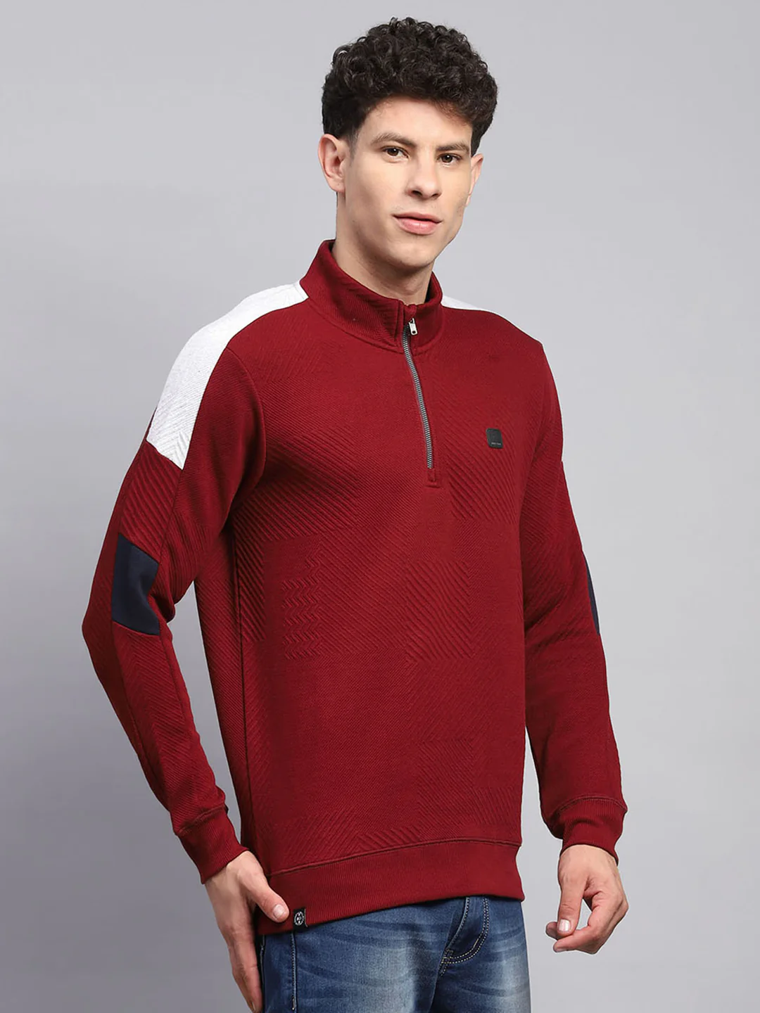 Men Maroon Self Design Mock Neck Full Sleeve Winter T-Shirt - Image 4