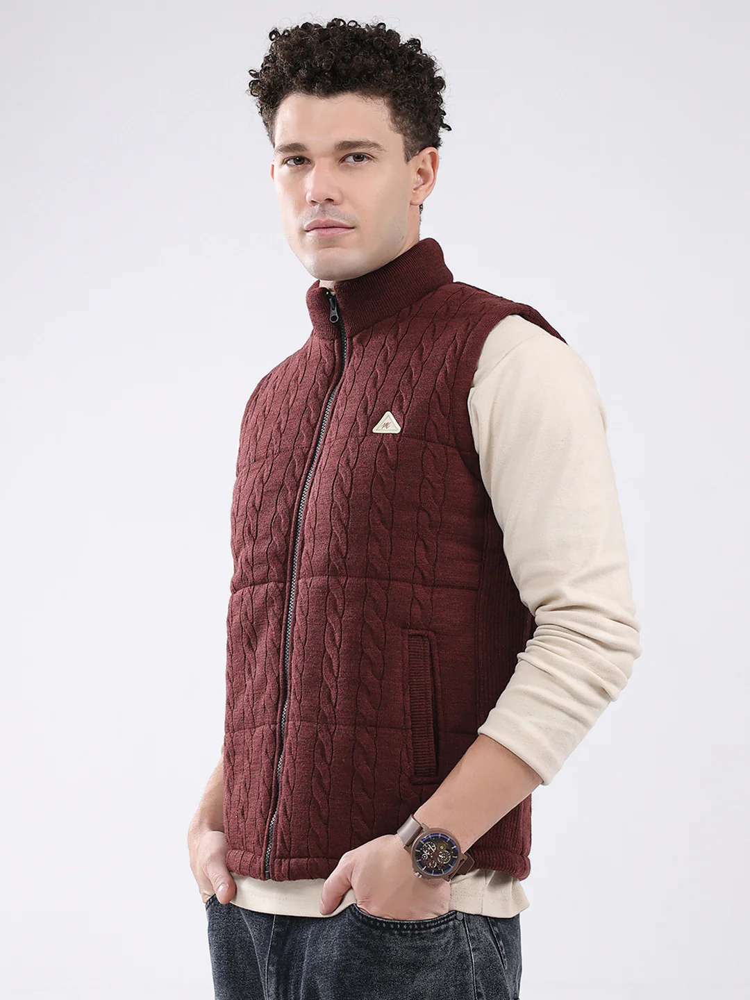 Men Maroon Self Design Mock Neck Sleeveless Jacket - Image 3