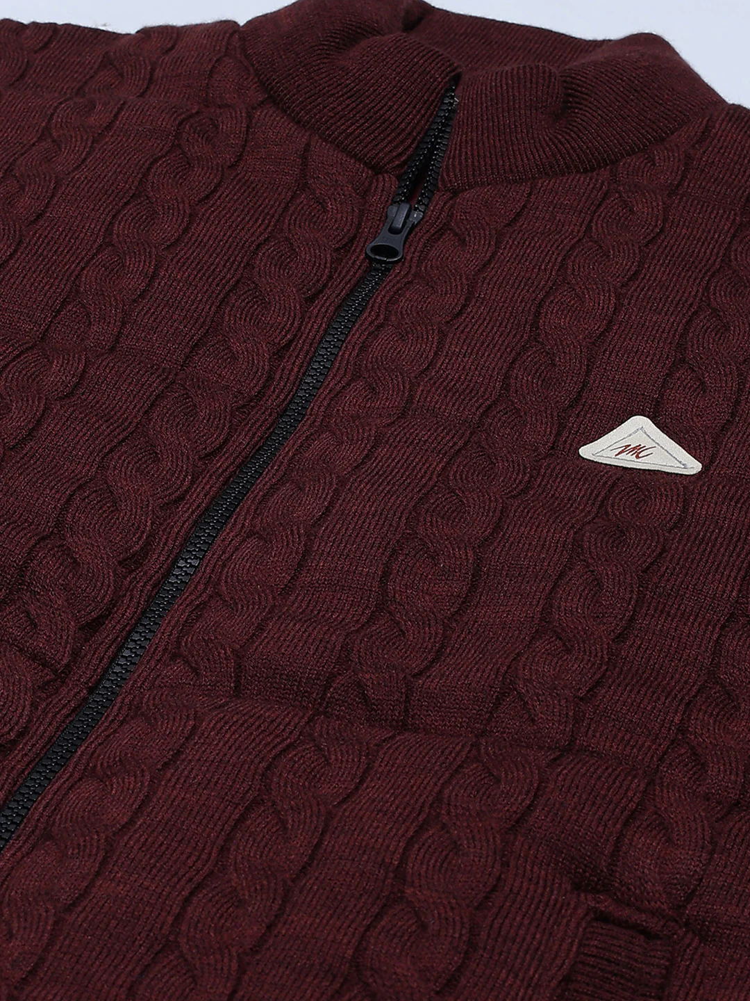 Men Maroon Self Design Mock Neck Sleeveless Jacket - Image 7