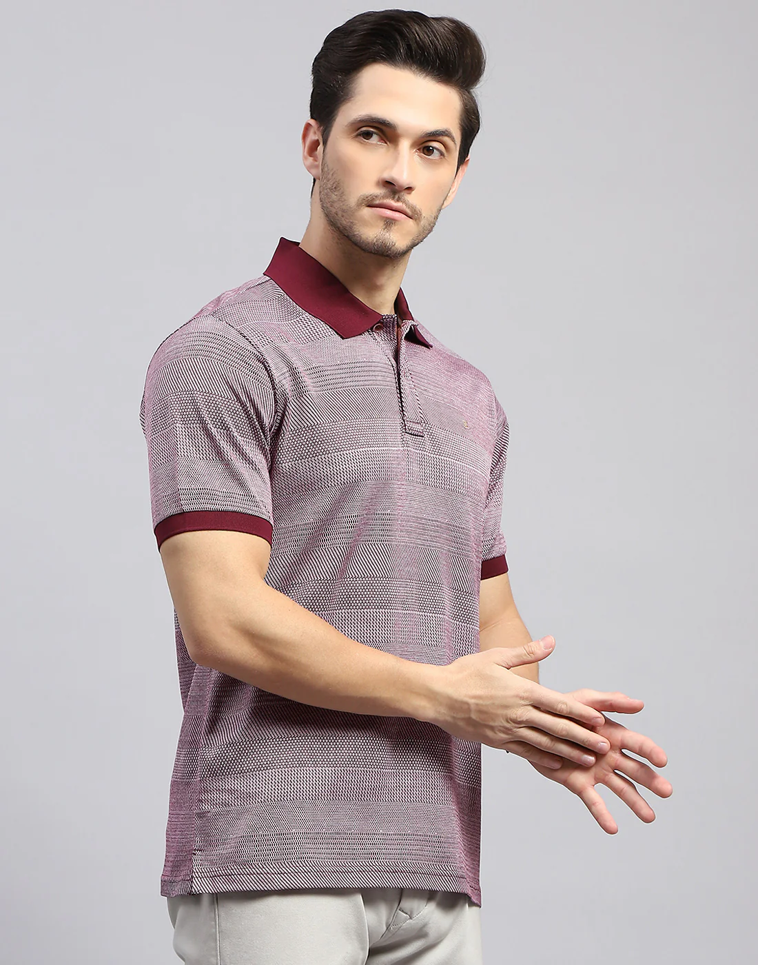 Men Maroon Self Design Polo Collar Half Sleeve T-Shirt - Image 4