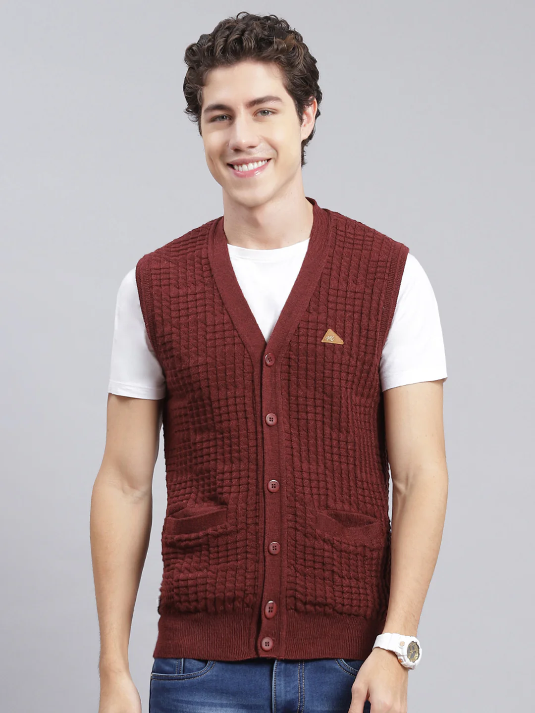 Men Maroon Self Design Pure wool Cardigan - Image 2