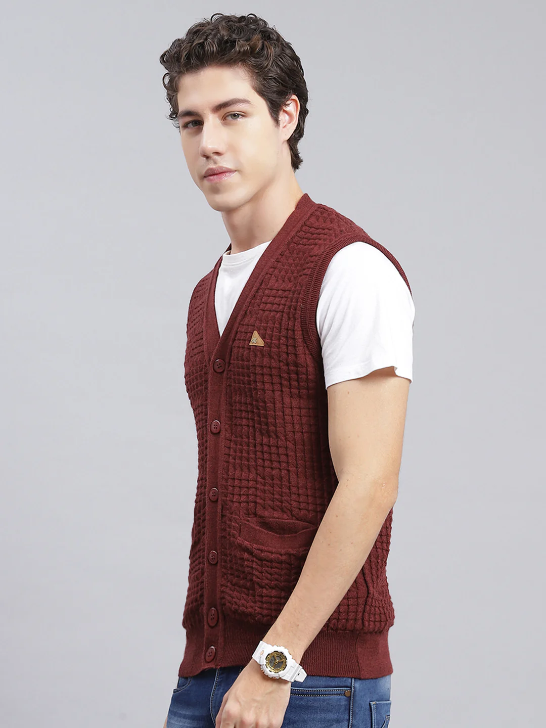 Men Maroon Self Design Pure wool Cardigan - Image 4