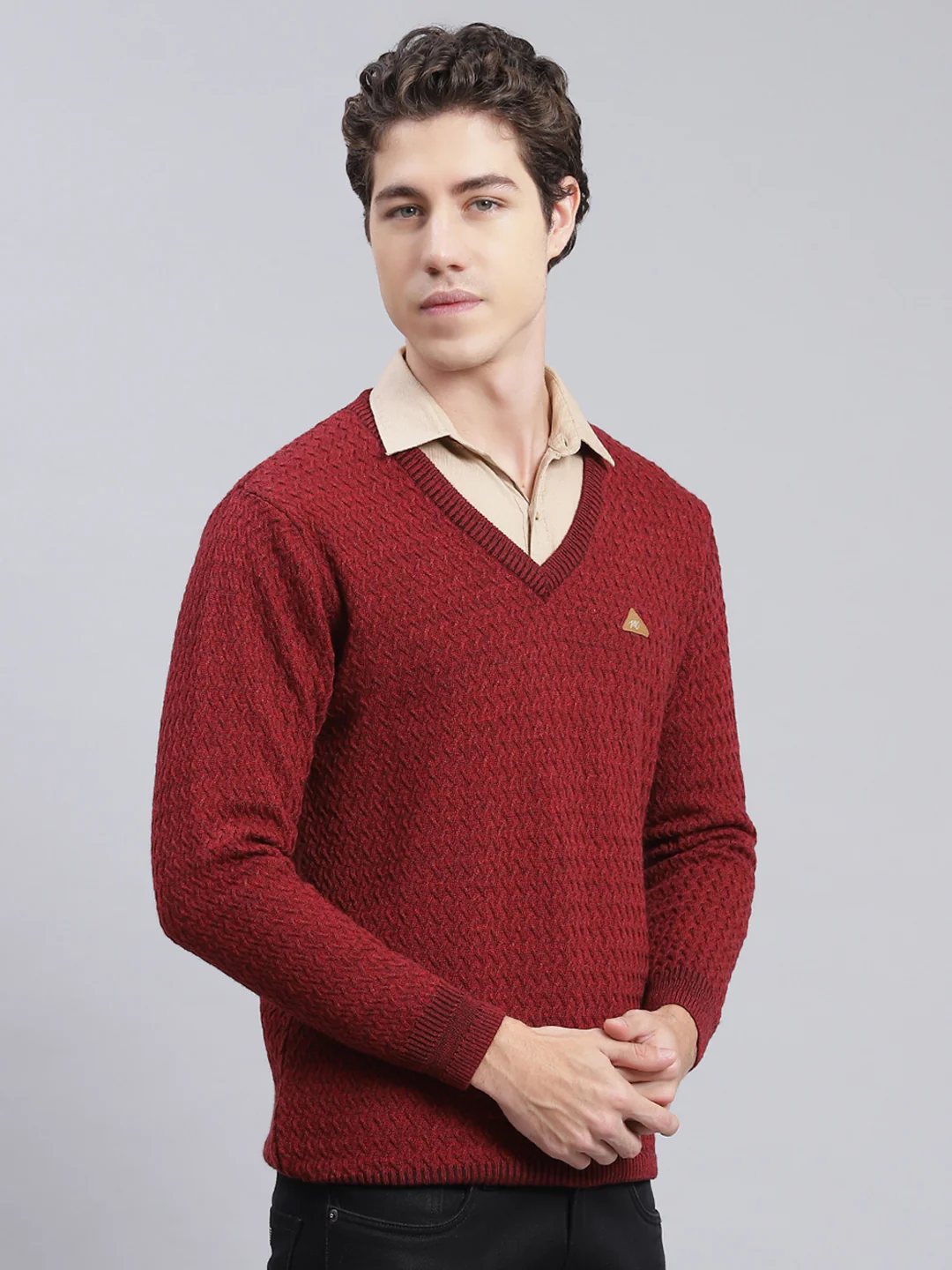Men Maroon Self Design Pure wool Pullover - Image 2