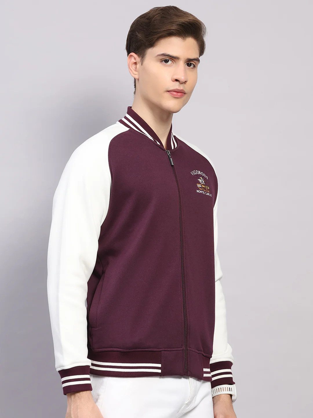Men Maroon Self Design Ribbed Collar Full Sleeve Sweatshirt Varsity Collection - Image 4