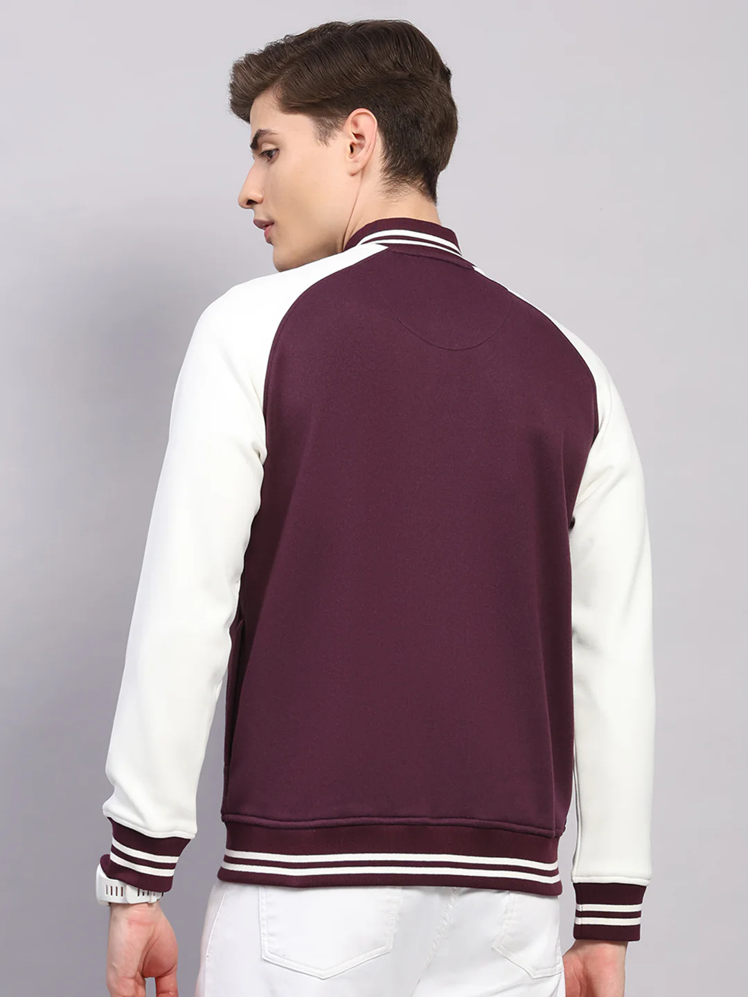 Men Maroon Self Design Ribbed Collar Full Sleeve Sweatshirt Varsity Collection - Image 5