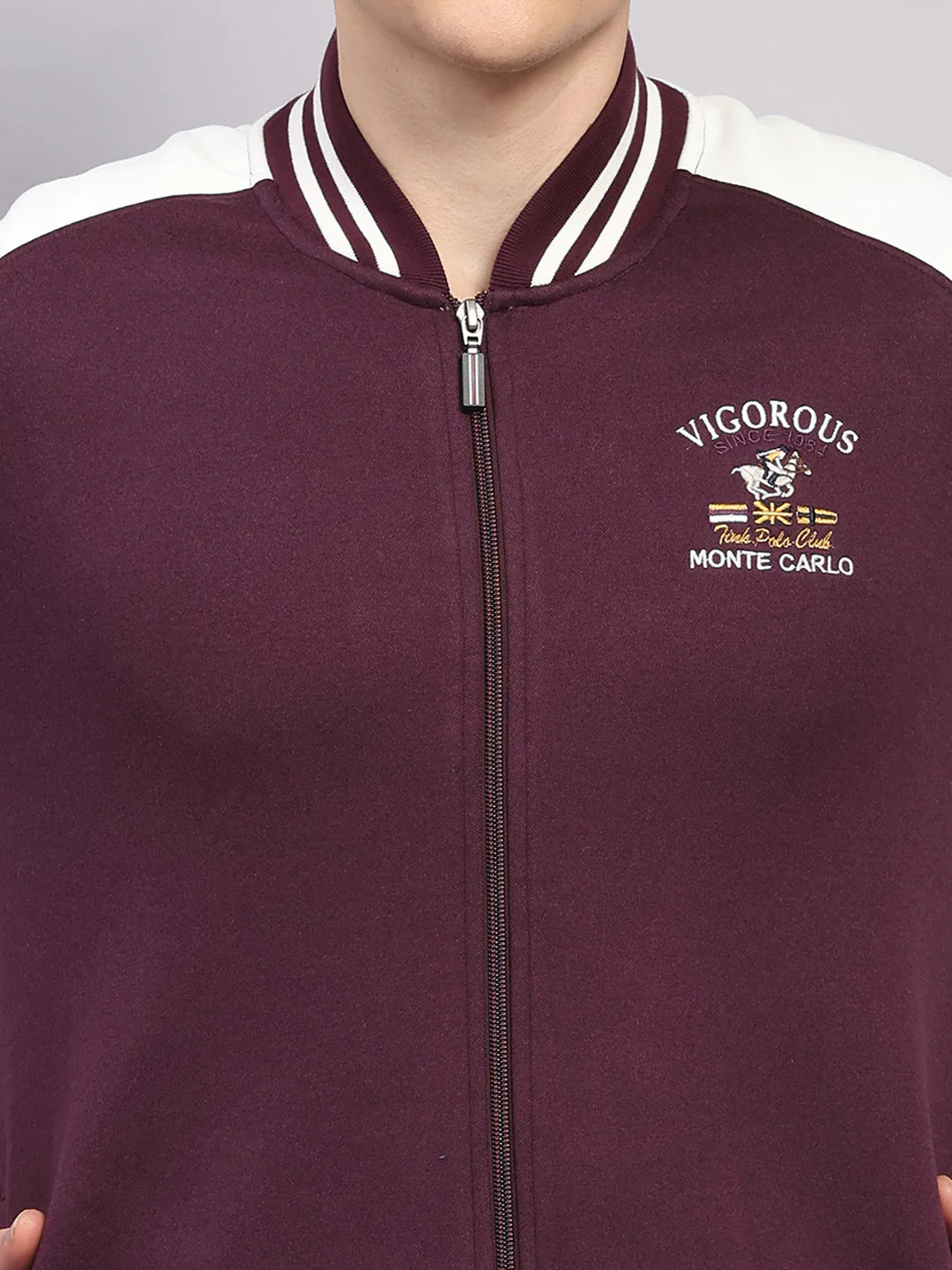 Men Maroon Self Design Ribbed Collar Full Sleeve Sweatshirt Varsity Collection - Image 6