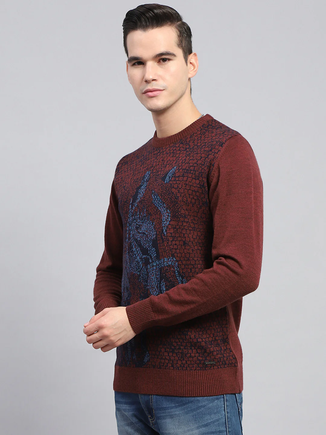 Men Maroon Self Design Round Neck Full Sleeve Pullover - Image 3