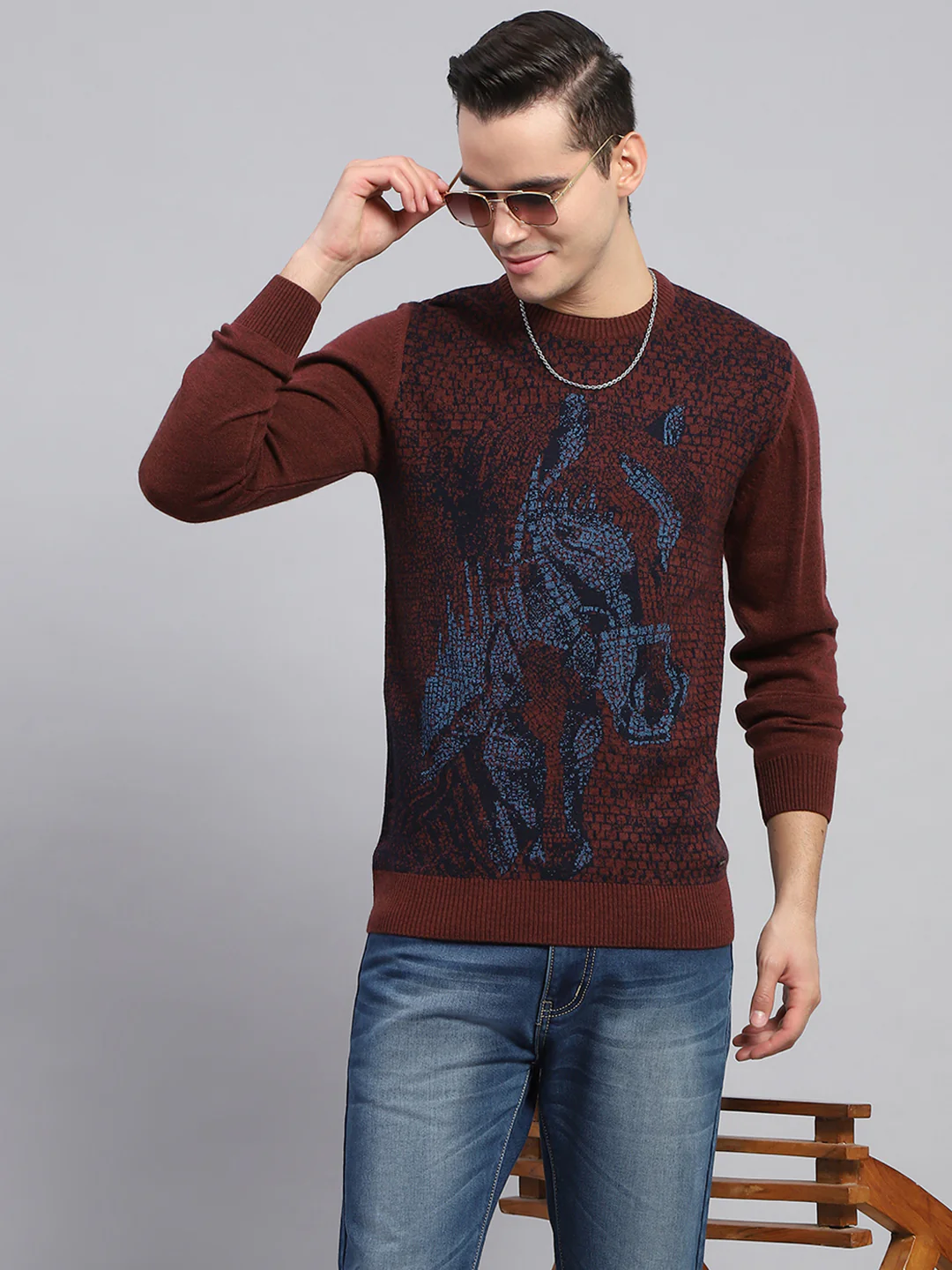 Men Maroon Self Design Round Neck Full Sleeve Pullover - Image 6