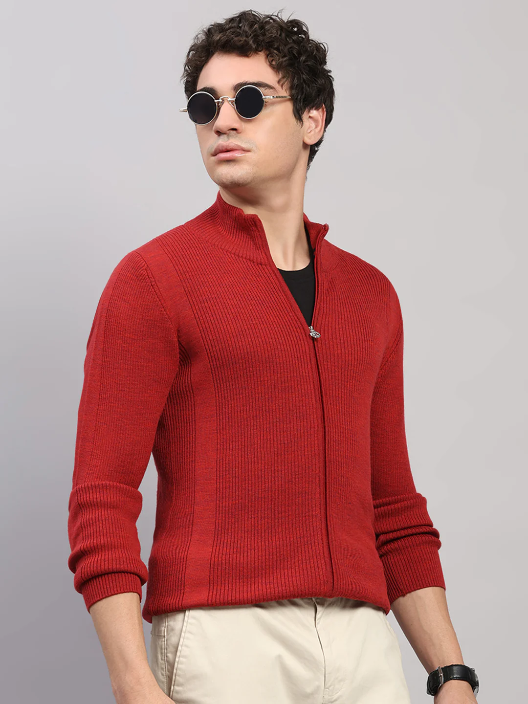 Luxuria Men Maroon Self Design Round Neck Full Sleeve Pullover - Image 4