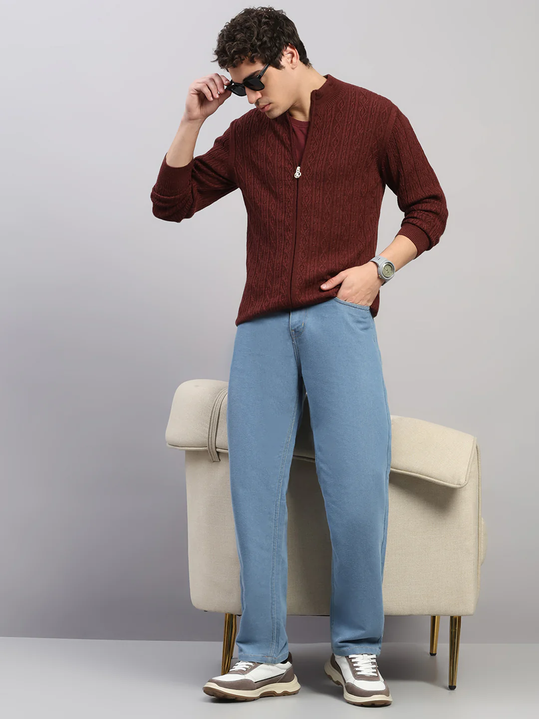 Luxuria Men Maroon Self Design Round Neck Full Sleeve Pullover - Image 2