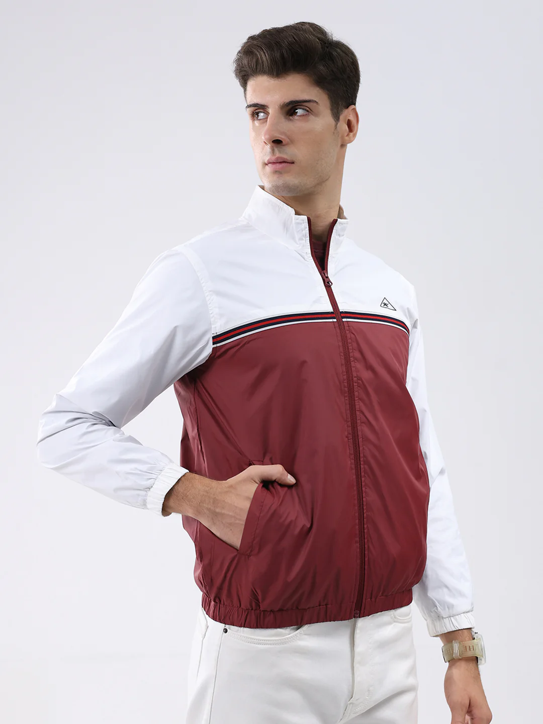 Men Maroon Self Design Stand Collar Full Sleeve Jacket - Image 4