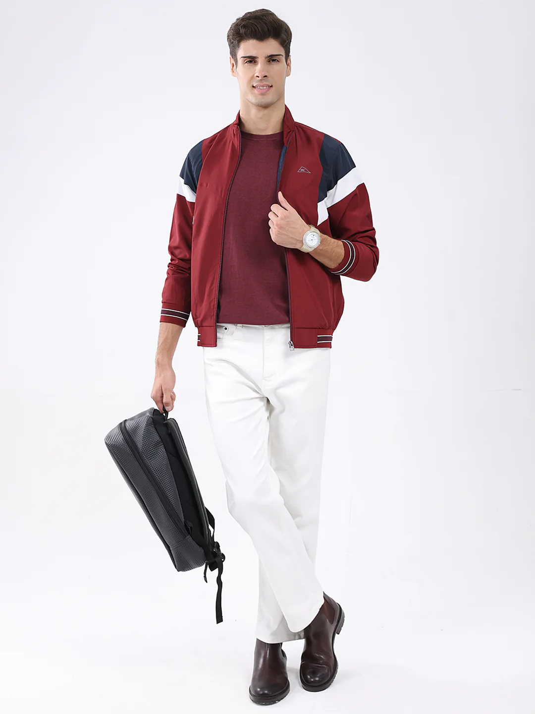 Men Maroon Self Design Stand Collar Full Sleeve Jacket - Image 2