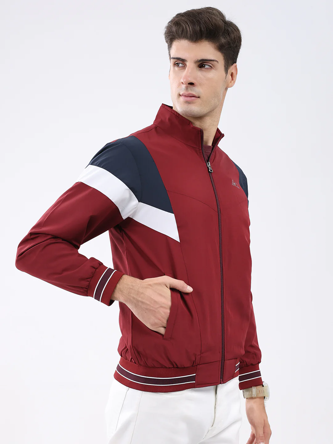 Men Maroon Self Design Stand Collar Full Sleeve Jacket - Image 4